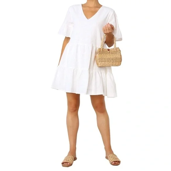 Amazon.com White Summer Swing Dress Tunic Bell Sleeve Tiered Dress Sz S - Picture 2 of 10